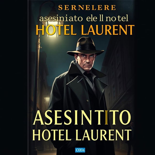 The cover of a crime novel titled 'Asesinato en el Hotel Laurent', featuring a 20th century detective standing under a dimly lit streetlamp at night