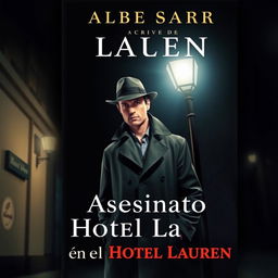 The cover of a crime novel titled 'Asesinato en el Hotel Laurent', featuring a 20th century detective standing under a dimly lit streetlamp at night