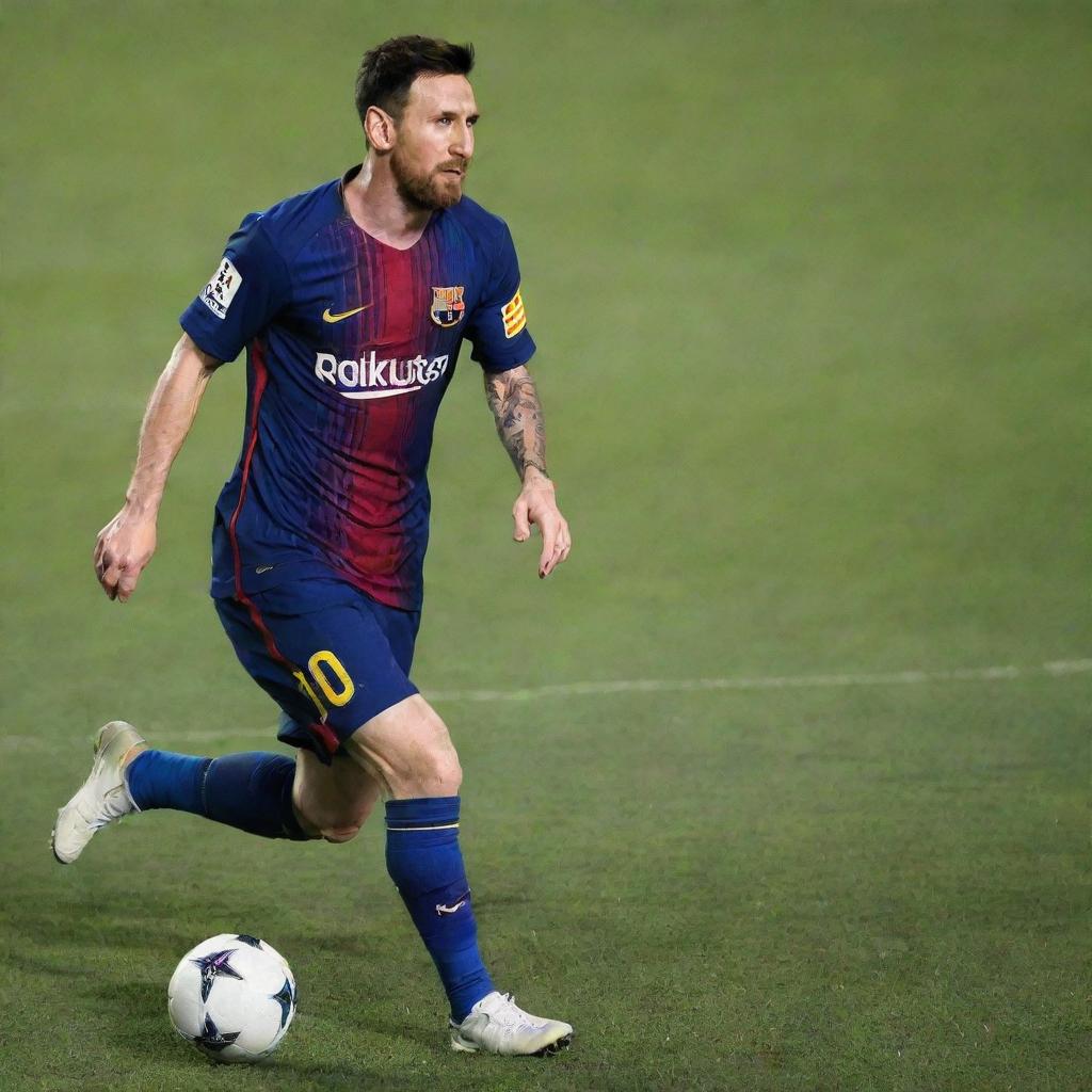 A lit up action shot of Lionel Messi, deftly maneuvering the ball on a soccer field, with the crowd roaring in the background