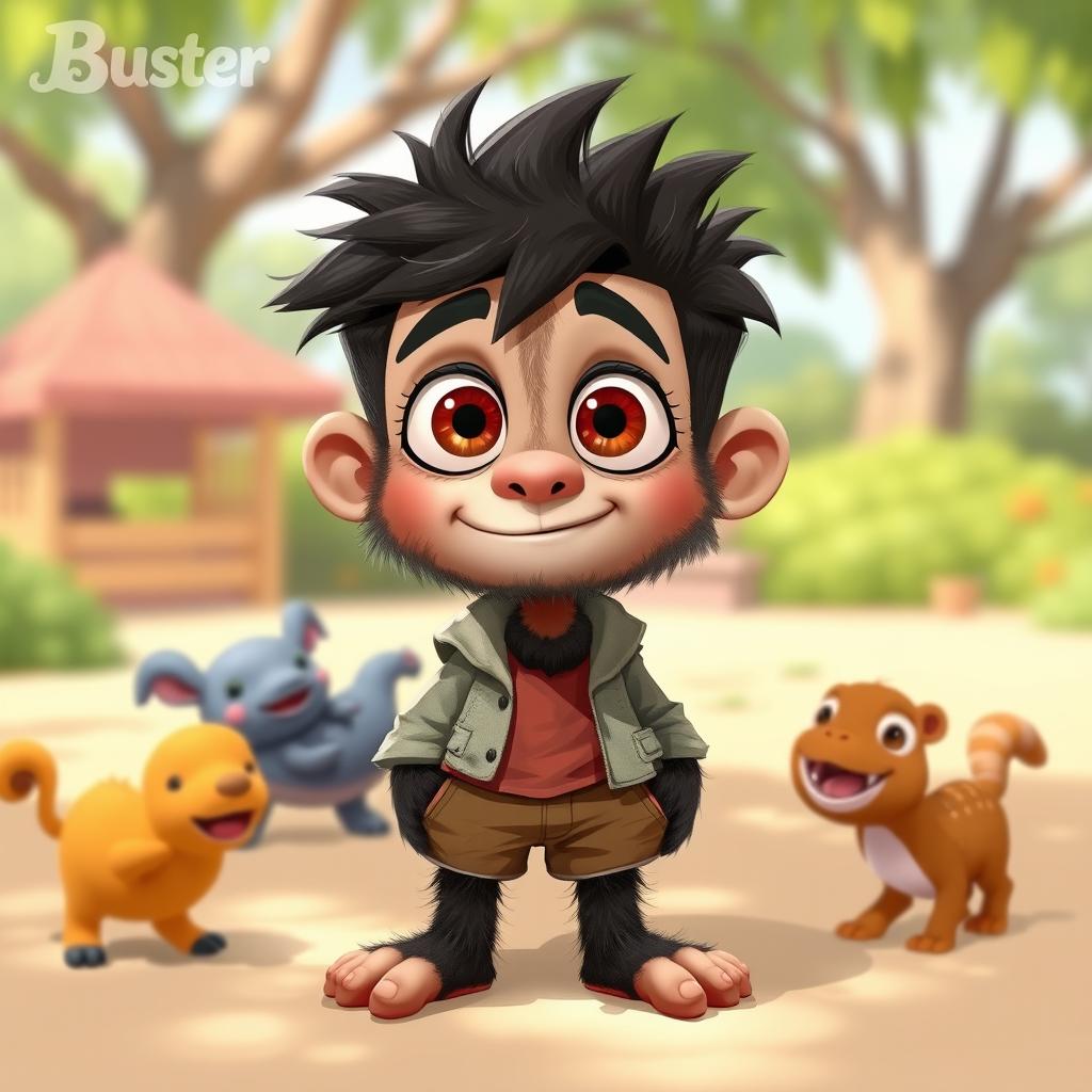 A whimsical character design of a boy named Buster, who stands out with large, expressive eyes