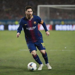 A lit up action shot of Lionel Messi, deftly maneuvering the ball on a soccer field, with the crowd roaring in the background