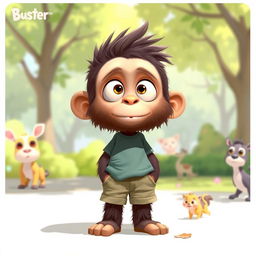 A whimsical character design of a boy named Buster, who stands out with large, expressive eyes