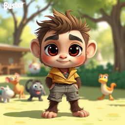 A whimsical character design of a boy named Buster, who stands out with large, expressive eyes