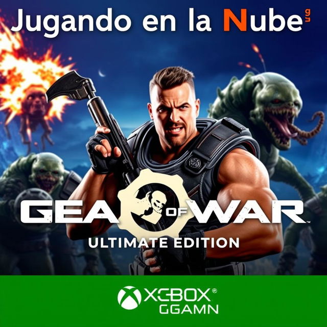 A vibrant and eye-catching YouTube thumbnail for the gaming video titled 'Jugando en la Nube: Gears Of War Ultimate Edition | Gameplay | Xbox Cloud Gaming 🎮🔥👾| Game Pass Ultimate'