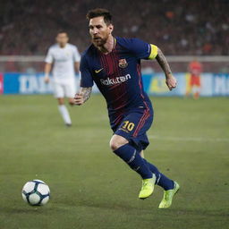 A lit up action shot of Lionel Messi, deftly maneuvering the ball on a soccer field, with the crowd roaring in the background