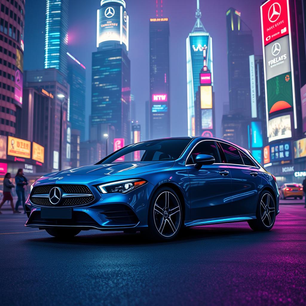 A Mercedes CLA 200 Shooting Brake in a stunning blue denim color, set against a vibrant cyberpunk city skyline