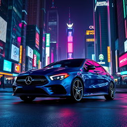 A Mercedes CLA 200 Shooting Brake in a stunning blue denim color, set against a vibrant cyberpunk city skyline