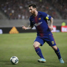 A lit up action shot of Lionel Messi, deftly maneuvering the ball on a soccer field, with the crowd roaring in the background