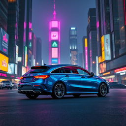 A Mercedes CLA 200 Shooting Brake in a stunning blue denim color, set against a vibrant cyberpunk city skyline