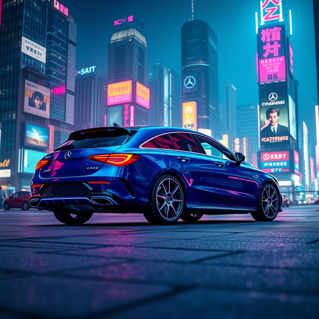 A Mercedes CLA 200 Shooting Brake in a stunning blue denim color, set against a vibrant cyberpunk city skyline