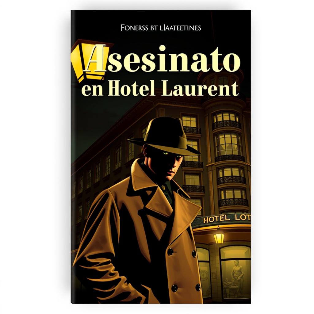 A retro style book cover for a noir novel titled 'Asesinato en el Hotel Laurent'