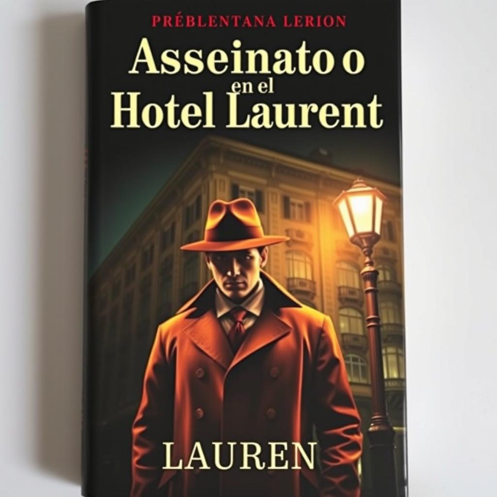 A retro style book cover for a noir novel titled 'Asesinato en el Hotel Laurent'