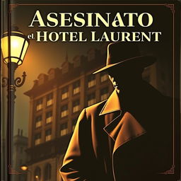 A retro style book cover for a noir novel titled 'Asesinato en el Hotel Laurent'