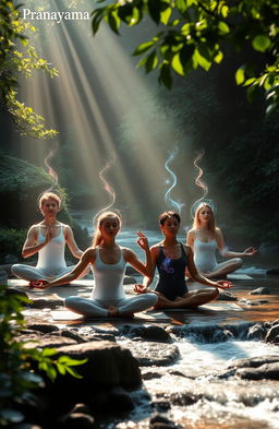 A serene and mystical representation of pranayama, showcasing the art of breath control in a tranquil setting