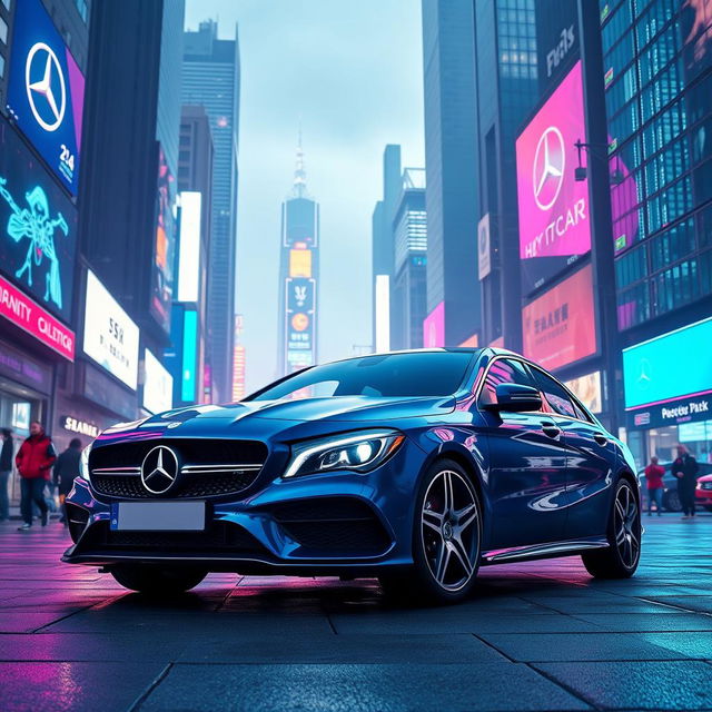 A striking Mercedes CLA 200 shooting brake AMG in a captivating blue denim finish, elegantly positioned in a vibrant cyberpunk city