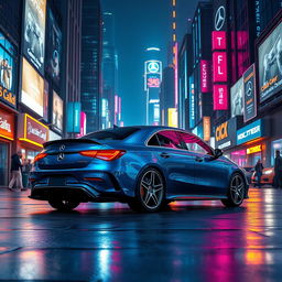 A striking Mercedes CLA 200 shooting brake AMG in a captivating blue denim finish, elegantly positioned in a vibrant cyberpunk city