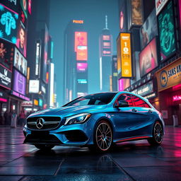 A striking Mercedes CLA 200 shooting brake AMG in a captivating blue denim finish, elegantly positioned in a vibrant cyberpunk city