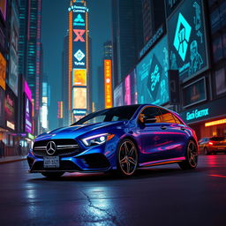 A striking Mercedes CLA 200 shooting brake AMG in a captivating blue denim finish, elegantly positioned in a vibrant cyberpunk city