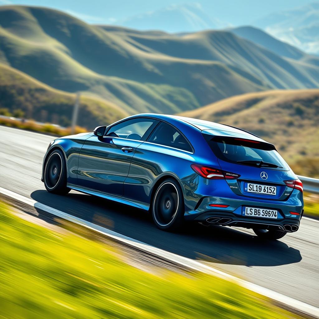 A thrilling scene featuring a Mercedes CLA 200 shooting brake AMG with a stunning blue denim finish, showcasing its aerodynamic design as it navigates a curvy road at adrenaline-pumping speed