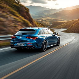 A thrilling scene featuring a Mercedes CLA 200 shooting brake AMG with a stunning blue denim finish, showcasing its aerodynamic design as it navigates a curvy road at adrenaline-pumping speed