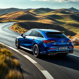 A thrilling scene featuring a Mercedes CLA 200 shooting brake AMG with a stunning blue denim finish, showcasing its aerodynamic design as it navigates a curvy road at adrenaline-pumping speed