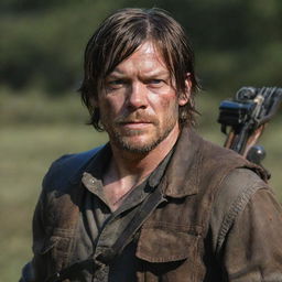 A realistic portrait of Daryl Dixon from the TV show 'The Walking Dead', showing him with his signature crossbow, rugged clothing, and intense, survivor's gaze.