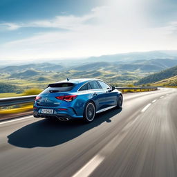 An exhilarating panoramic scene featuring a Mercedes CLA 200 shooting brake AMG with a captivating blue denim finish, showcasing its aerodynamic design as it speeds along a beautifully curvy road