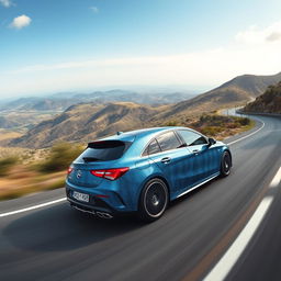 An exhilarating panoramic scene featuring a Mercedes CLA 200 shooting brake AMG with a captivating blue denim finish, showcasing its aerodynamic design as it speeds along a beautifully curvy road