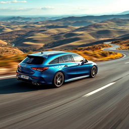 An exhilarating panoramic scene featuring a Mercedes CLA 200 shooting brake AMG with a captivating blue denim finish, showcasing its aerodynamic design as it speeds along a beautifully curvy road