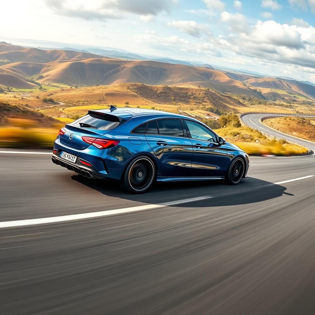 An exhilarating panoramic scene featuring a Mercedes CLA 200 shooting brake AMG with a captivating blue denim finish, showcasing its aerodynamic design as it speeds along a beautifully curvy road