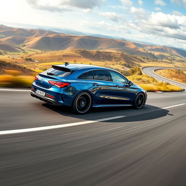 An exhilarating panoramic scene featuring a Mercedes CLA 200 shooting brake AMG with a captivating blue denim finish, showcasing its aerodynamic design as it speeds along a beautifully curvy road