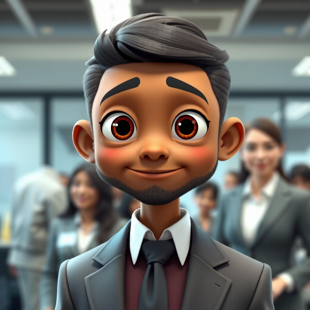 A unique character portrayal of a person named Bayo, distinguished by his big, expressive eyes that give him a distinctive look