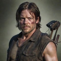 A realistic portrait of Daryl Dixon from the TV show 'The Walking Dead', showing him with his signature crossbow, rugged clothing, and intense, survivor's gaze.