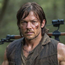 A realistic portrait of Daryl Dixon from the TV show 'The Walking Dead', showing him with his signature crossbow, rugged clothing, and intense, survivor's gaze.