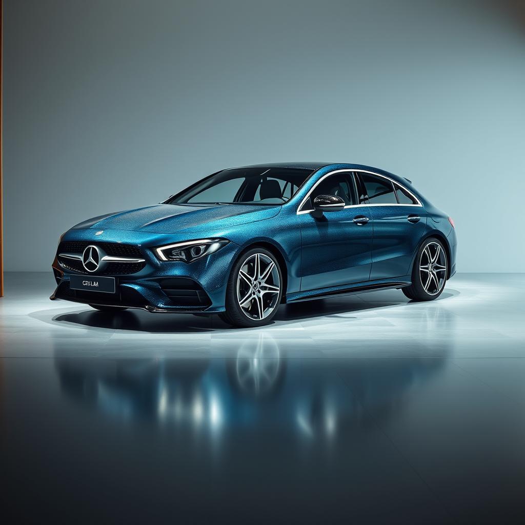 An eye-catching exhibition scene featuring a Mercedes CLA shooting brake sports car, elegantly presented in a striking combination of black denim and blue denim finishes