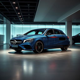 An eye-catching exhibition scene featuring a Mercedes CLA shooting brake sports car, elegantly presented in a striking combination of black denim and blue denim finishes