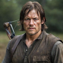 A realistic portrait of Daryl Dixon from the TV show 'The Walking Dead', showing him with his signature crossbow, rugged clothing, and intense, survivor's gaze.