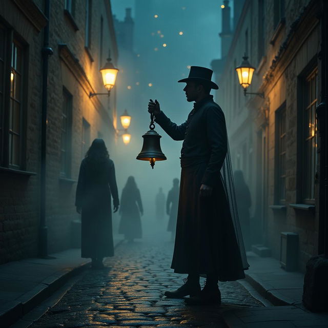 An atmospheric and spooky scene depicting a ghost tour in a charming, cobblestoned street of Oxford at night