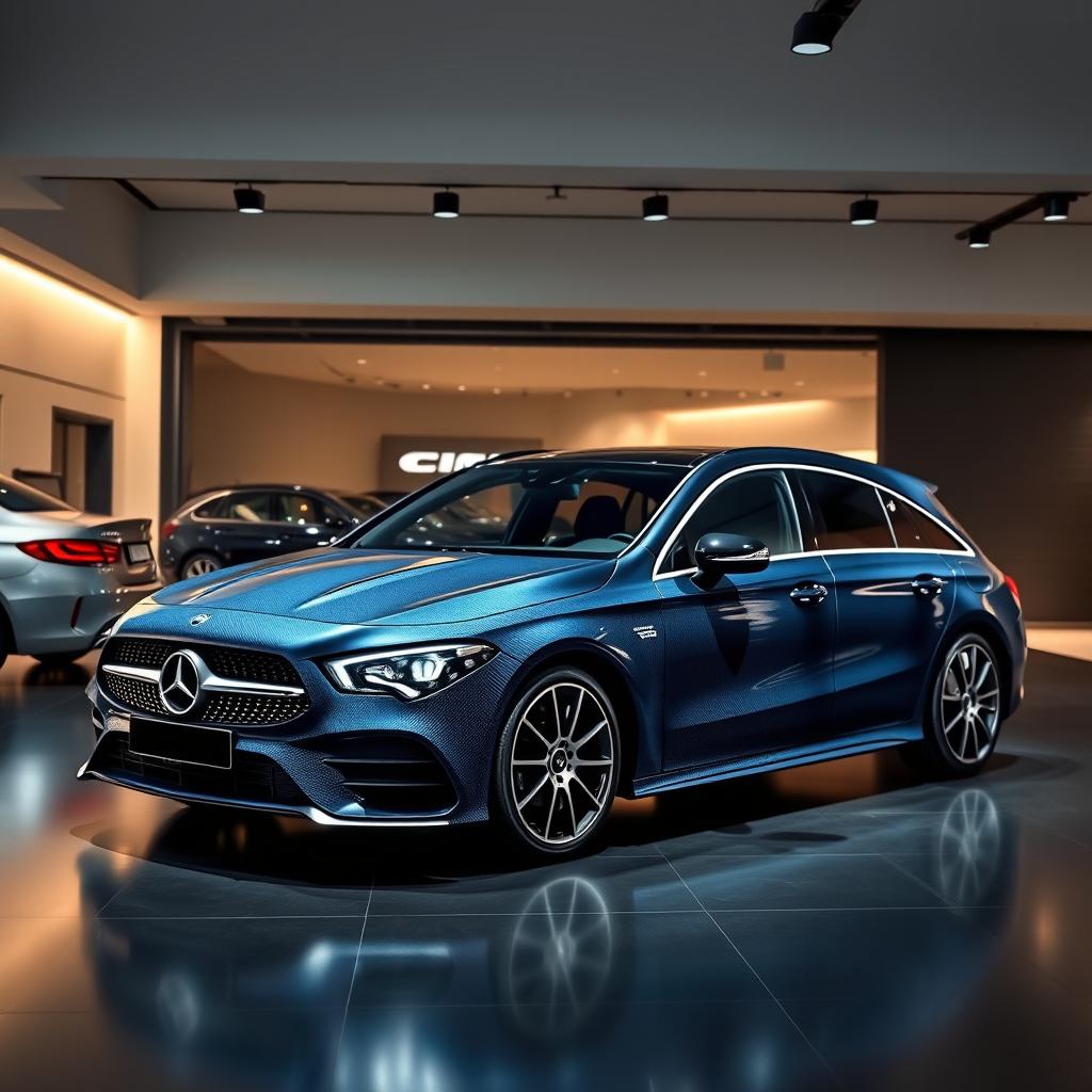 An eye-catching exhibition scene featuring a Mercedes CLA shooting brake sports car, elegantly presented in a striking combination of black denim and blue denim finishes