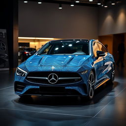 An eye-catching exhibition scene featuring a Mercedes CLA shooting brake sports car, elegantly presented in a striking combination of black denim and blue denim finishes