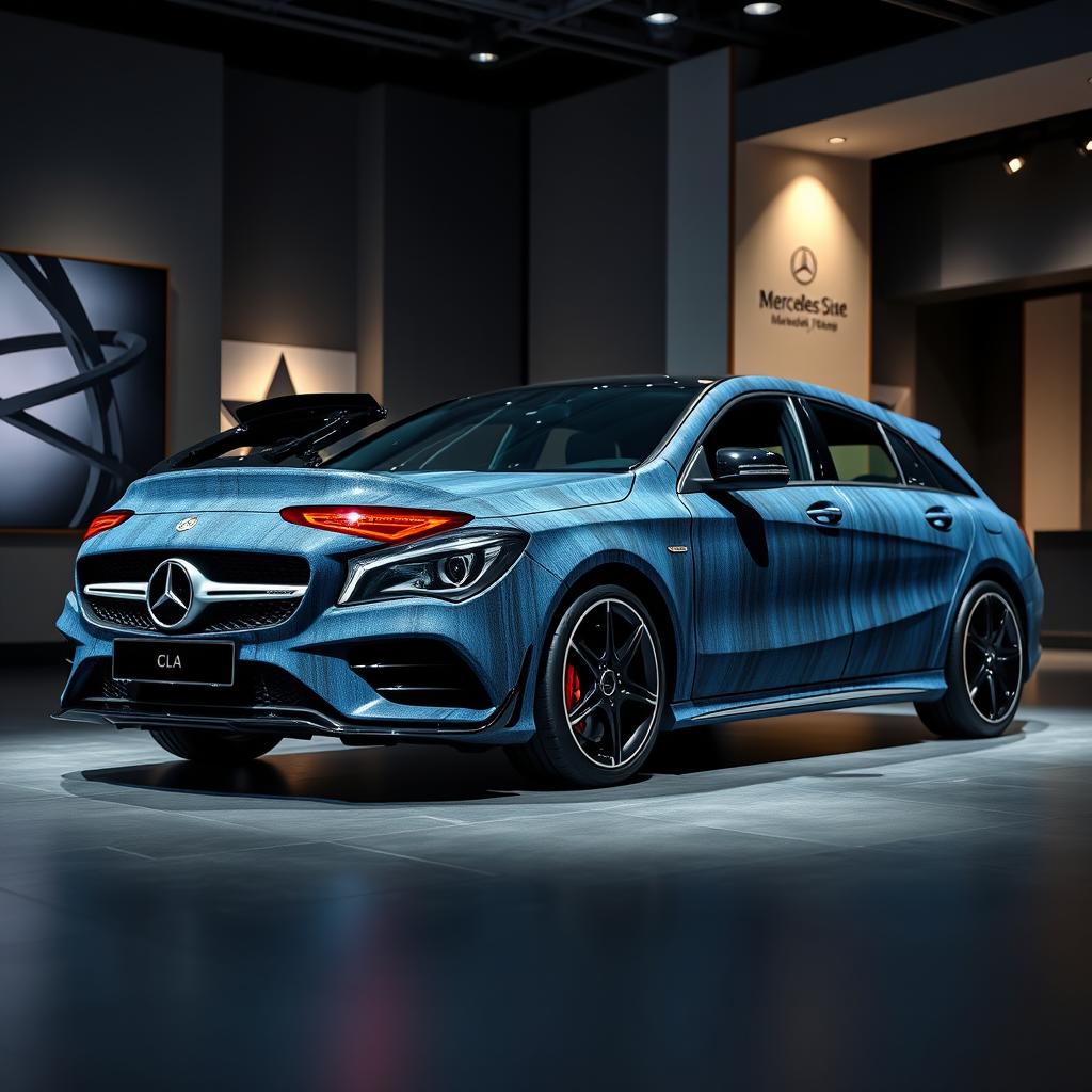 An impressive exhibition showcasing a Mercedes CLA shooting brake sports car featuring a striking combination of black and blue denim finishes