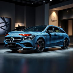 An impressive exhibition showcasing a Mercedes CLA shooting brake sports car featuring a striking combination of black and blue denim finishes