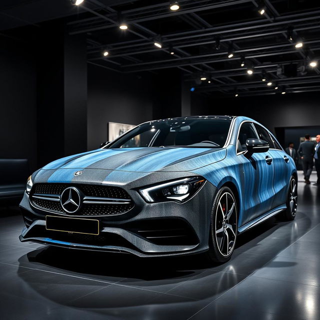 An impressive exhibition showcasing a Mercedes CLA shooting brake sports car featuring a striking combination of black and blue denim finishes