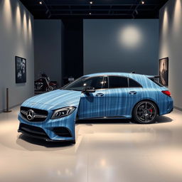 An impressive exhibition showcasing a Mercedes CLA shooting brake sports car featuring a striking combination of black and blue denim finishes