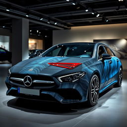 An impressive exhibition showcasing a Mercedes CLA shooting brake sports car featuring a striking combination of black and blue denim finishes