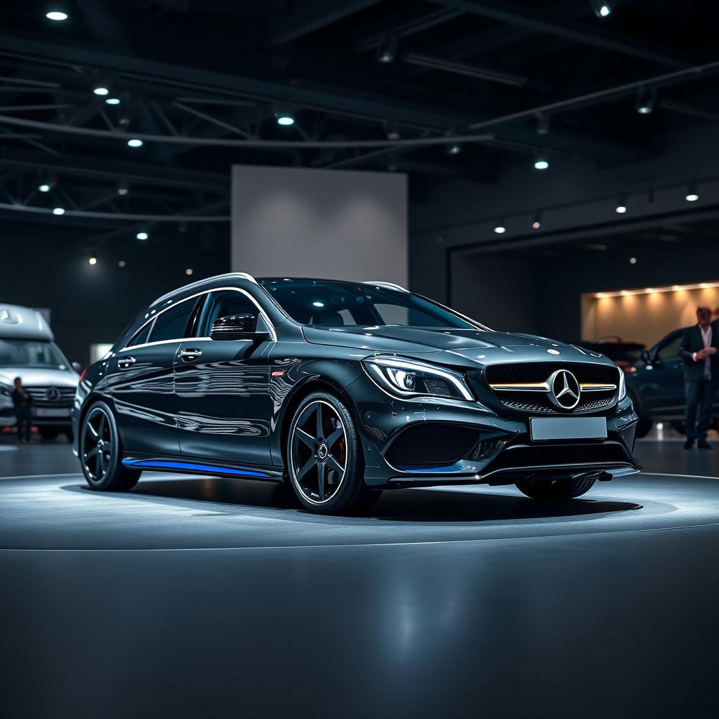 An impressive exhibition showcasing a Mercedes CLA shooting brake sports car featuring a striking black and blue color scheme