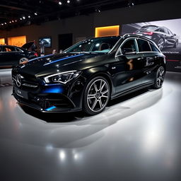 An impressive exhibition showcasing a Mercedes CLA shooting brake sports car featuring a striking black and blue color scheme