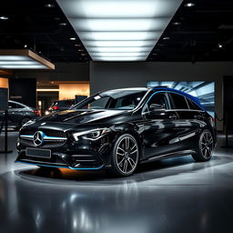 An impressive exhibition showcasing a Mercedes CLA shooting brake sports car featuring a striking black and blue color scheme