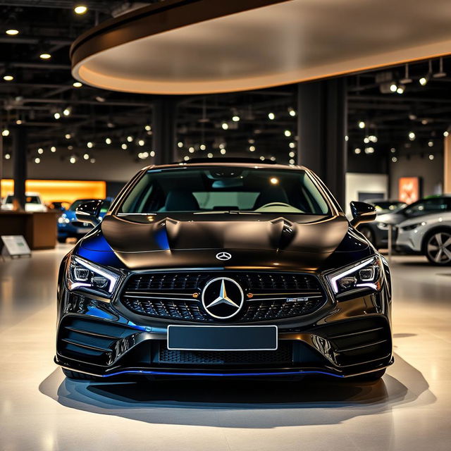 An impressive exhibition showcasing a Mercedes CLA shooting brake sports car featuring a striking black and blue color scheme