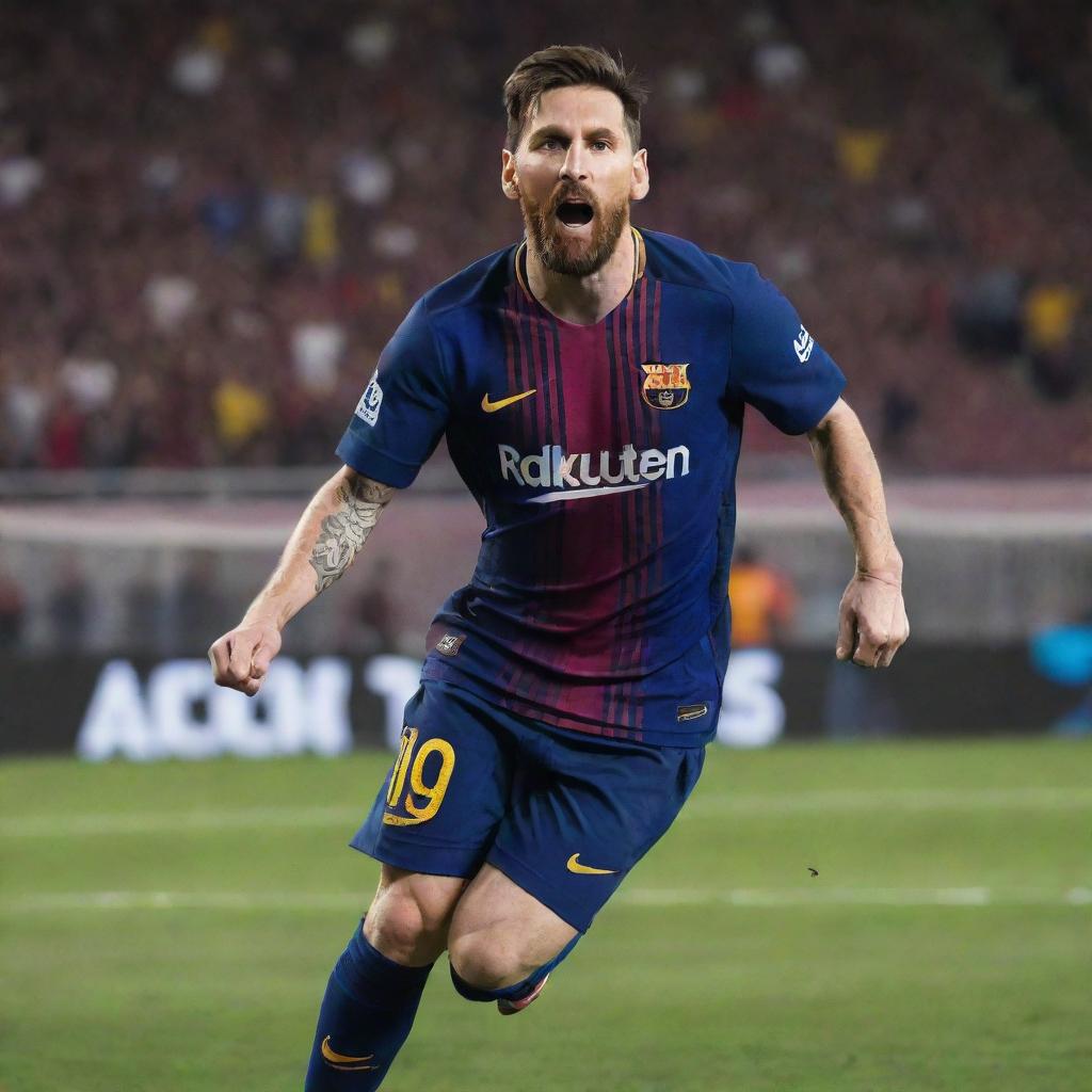 A dynamic image of Lionel Messi in a Barcelona jersey from 2024, skilfully dribbling a football on the pitch with a backdrop of an ecstatic crowd.